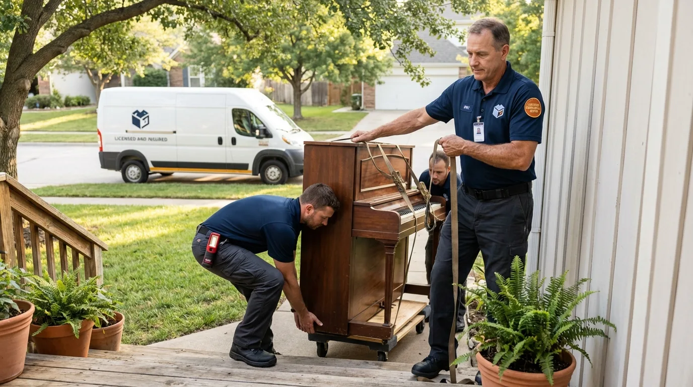 Licensed piano movers securing grand piano in Overland Park, KS
