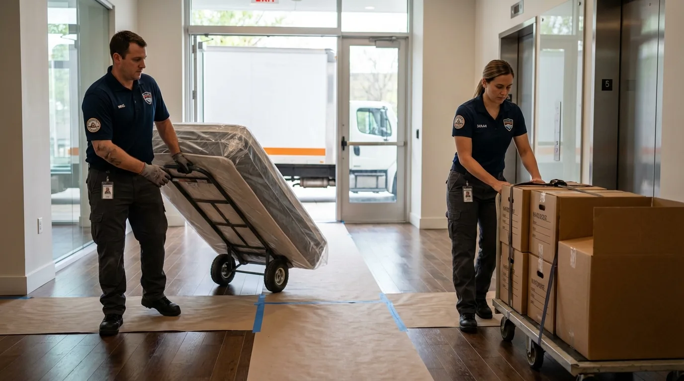 Professional apartment movers loading elevator in Overland Park, KS