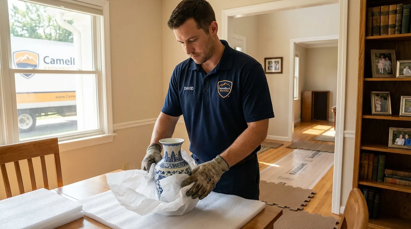 Professional crew carefully wrapping antique vase for senior downsizing move in Overland Park, KS